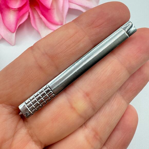 Long Skinny Tie Clip Bar Clasp Satin Finish Silver Tone Textured Squares Matte - Picture 2 of 9